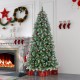 7.5 ft hinged Christmas tree with snowy PVC branch tips, warm white LED lights, and red berries for festive decor.