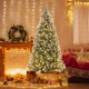 Hinged 7.5 ft Christmas tree with snowy PVC branch tips and warm white LED lights, perfect for festive home decor.