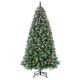 Hinged 7.5 ft Christmas tree with snowy PVC branch tips, red berries, and warm white LED lights for festive decor.