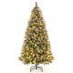 Hinged 7.5 ft Christmas tree with snowy PVC branch tips and warm white LED lights, adorned with red berries and pine.