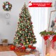 Hinged 7.5 ft Christmas tree with snowy PVC branch tips and warm white LED lights, perfect for festive holiday decor.