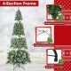 Hinged Christmas tree with snowy PVC branch tips, warm white LED lights, and a folding metal stand for easy assembly.