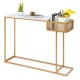 Rectangular white faux marble console table with gold metal frame and storage basket, perfect for entryways or living.