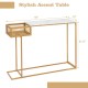 Rectangular white faux marble console table with gold metal frame and storage basket, ideal for entryway or living room.
