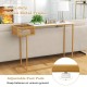 Rectangular white faux marble console table with gold metal frame and storage basket, ideal for living room or entryway.