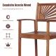 Outdoor acacia wood bar chair featuring a sunflower backrest, armrests, and a comfortable design for patio use.