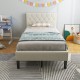 Twin size upholstered platform bed with beige button tufted headboard, featuring solid wooden slats for stability.