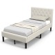 Twin size upholstered platform bed in beige with button tufted headboard, ideal for bedrooms and guest rooms.