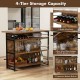 Kitchen island in rustic brown with 4-tier storage, featuring a 5-bottle wine rack and spacious bottom shelves.