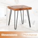 Square reclaimed teak wood end table with metal legs, showcasing unique wood grains and dimensions of 16" x 16" x 18".