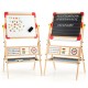 Double-sided 3-in-1 wooden art easel for kids with chalkboard, drawing paper roll, and educational accessories.