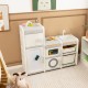 Multipurpose toy chest and bookshelf in gray with removable sink, storage bins, and magnetic whiteboard for kids'.