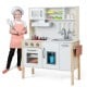 Wooden pretend play kitchen set for toddlers in white, featuring stove, sink, and microwave for imaginative play.