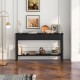 Black 60-inch sofa table with four drawers and an open shelf, perfect for living room or entryway storage and decor.