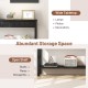 60-inch black sofa table with wide tabletop, 4 drawers, and open shelf for living room storage and decor organization.