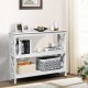 White 3-tier console table with X-design, offering open shelves for versatile storage in living rooms or entryways.