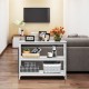 3-tier white console table with X-design, featuring open shelves for versatile storage in living rooms or entryways.
