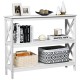 3-tier white console table with X-design, featuring open shelves for storage, perfect for living rooms and entryways.