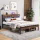 Full/Queen size bed frame with storage headboard and charging station, featuring robust metal legs and under-bed.