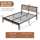 Queen size bed frame with storage headboard and charging station, featuring heavy-duty metal slats and 12-inch.