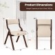 Wooden folding dining chair with linen fabric padded seat, showcasing dimensions and weight capacity for compact spaces.