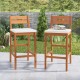Set of 2 outdoor wood barstools with soft off-white seat cushions, featuring a sturdy eucalyptus frame for stability.
