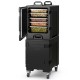 Stackable 81-quart insulated food pan carrier with 8 slots, wheels, and a rotatable door for easy transport and access.