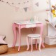 Kids vanity stool in pink with smooth paint finish and non-slip foot pads, designed for stability and safety.