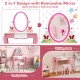 Kids vanity table set in pink with removable 360° mirror, whiteboard, and ample storage for creative play.