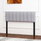 Gray linen upholstered headboard with vertical channel tufting, adjustable width, and solid wood legs for full or queen.