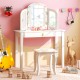 Kids vanity table set in white with a tri-folding mirror and large drawer, perfect for dressing up or studying.