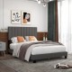 Queen size upholstered bed frame with gray vertical channel tufted headboard, perfect for modern bedroom decor.