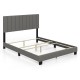 Queen size upholstered bed frame in gray with vertical channel tufted headboard, ideal for modern bedroom decor.