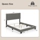 Queen size upholstered bed frame in gray with vertical channel tufted headboard, solid wood legs, and adjustable foot.