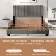 Gray queen size upholstered bed frame with vertical channel tufted headboard and solid slats for sturdy mattress.