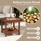 Double-tier acacia wood patio side table with slatted tabletop, ideal for drinks and snacks in outdoor settings.