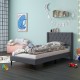 Twin size upholstered platform bed in gray showcasing stylish button tufted wingback headboard, perfect for optimizing.