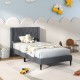 Twin size upholstered platform bed in gray with button tufted wingback headboard, ideal for bedroom or guest room.