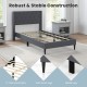 Twin size upholstered platform bed in gray with button tufted wingback headboard and solid wood legs for stability.