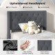 Twin size upholstered platform bed with gray button tufted headboard, featuring high-density sponge padding for comfort.