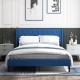 Queen size upholstered platform bed in blue with button tufted wingback headboard, ideal for stylish bedroom decor.