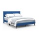 Queen size upholstered platform bed in blue with button tufted wingback headboard, ideal for stylish bedroom storage.