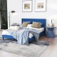 Queen size upholstered platform bed in blue with stylish button tufted design, perfect for enhancing bedroom aesthetics.