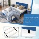 Queen size upholstered platform bed in blue with button tufted headboard and solid wood legs for stylish bedroom.