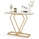 Gold console table with diamond-shaped frame and faux marble top, perfect for displaying ornaments in limited spaces.