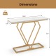 Gold console table with a diamond-shaped geometric frame and thick faux marble top, ideal for narrow spaces.