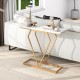 Gold console table with diamond-shaped geometric frame and white faux marble top, perfect for limited spaces.