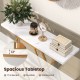 Spacious white faux marble tabletop of the gold console table with a diamond-shaped frame, ideal for displaying decor.