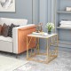 Square end table with tempered glass top and gold geometric frame, perfect for stylish living room decor.