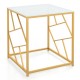Square end table featuring a tempered glass top and gold geometric frame, perfect for stylish home decor.